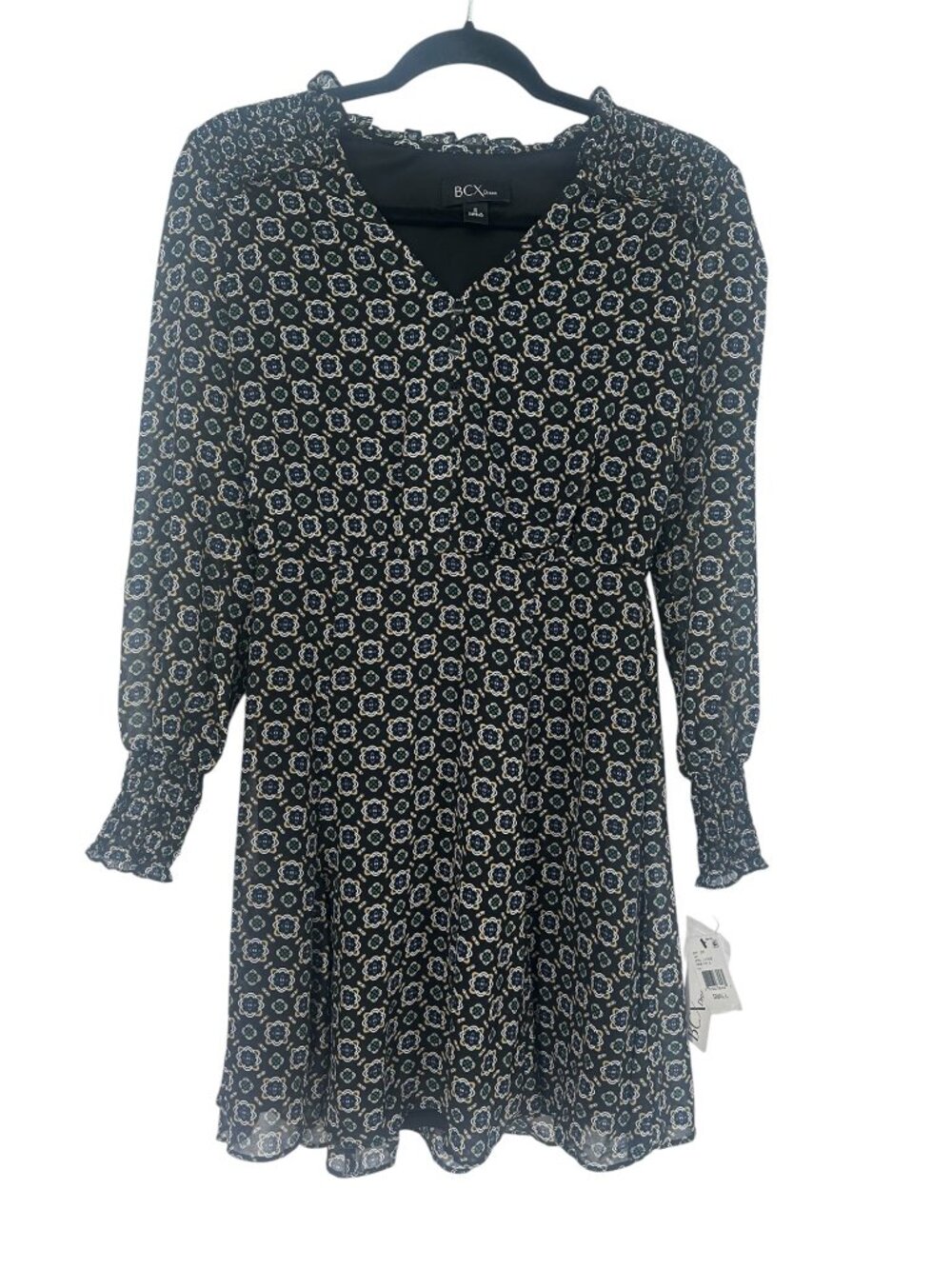 BCX Dress Small Black Floral Medallion Peasant Sleeve Smocked Boho Fit & Flare